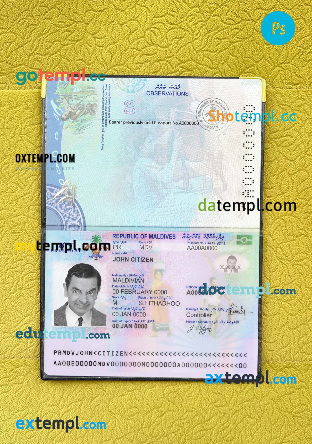 Maldives passport PSD files, scan and photo look templates, 2 in 1