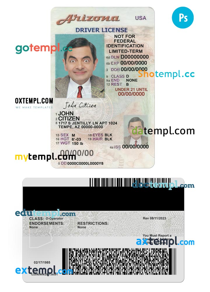 USA Arizona state vertical driving license editable PSD template, under 21 USA Arizona state vertical driving license editable PSD template, under 21