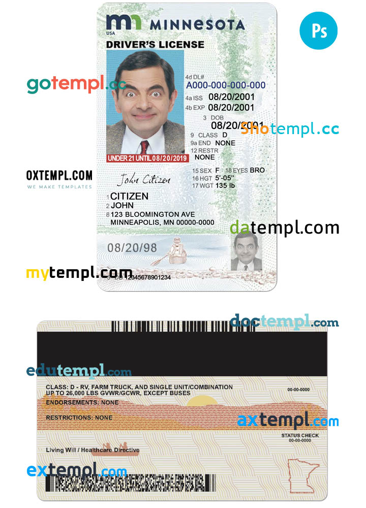USA Minnesota state vertical driving license editable PSD template, under 21