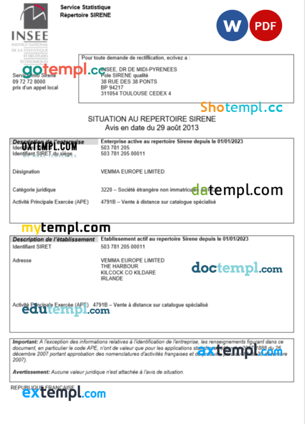 France INSEE registration certificate Word and PDF template