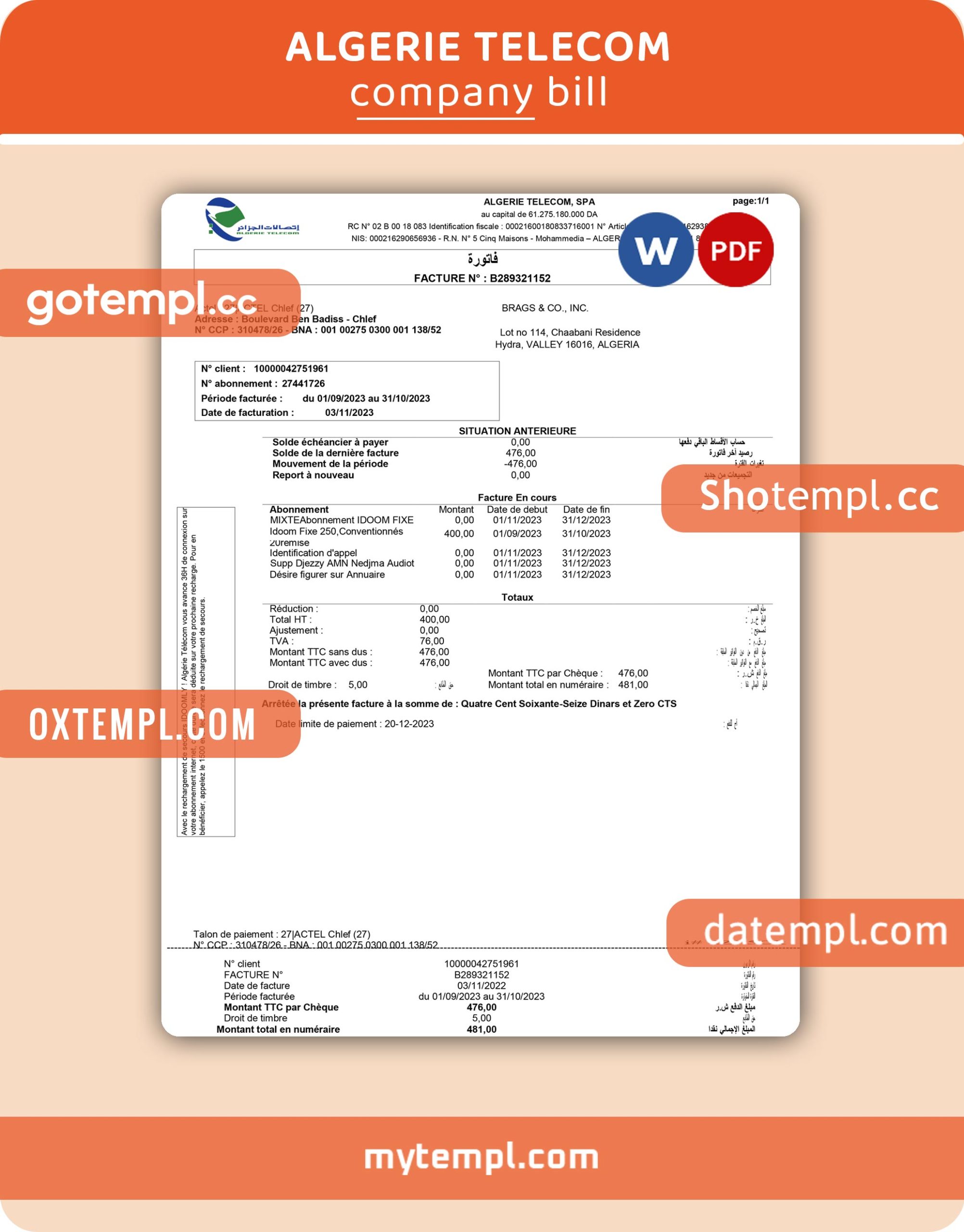 Contractor invoice template in word and pdf format