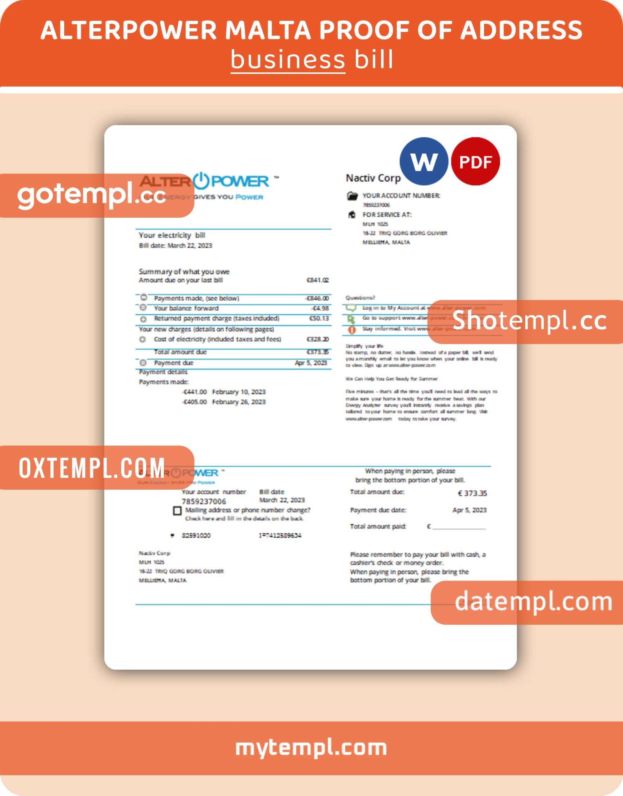 Virgin Media business utility billl, PDF and WORD template