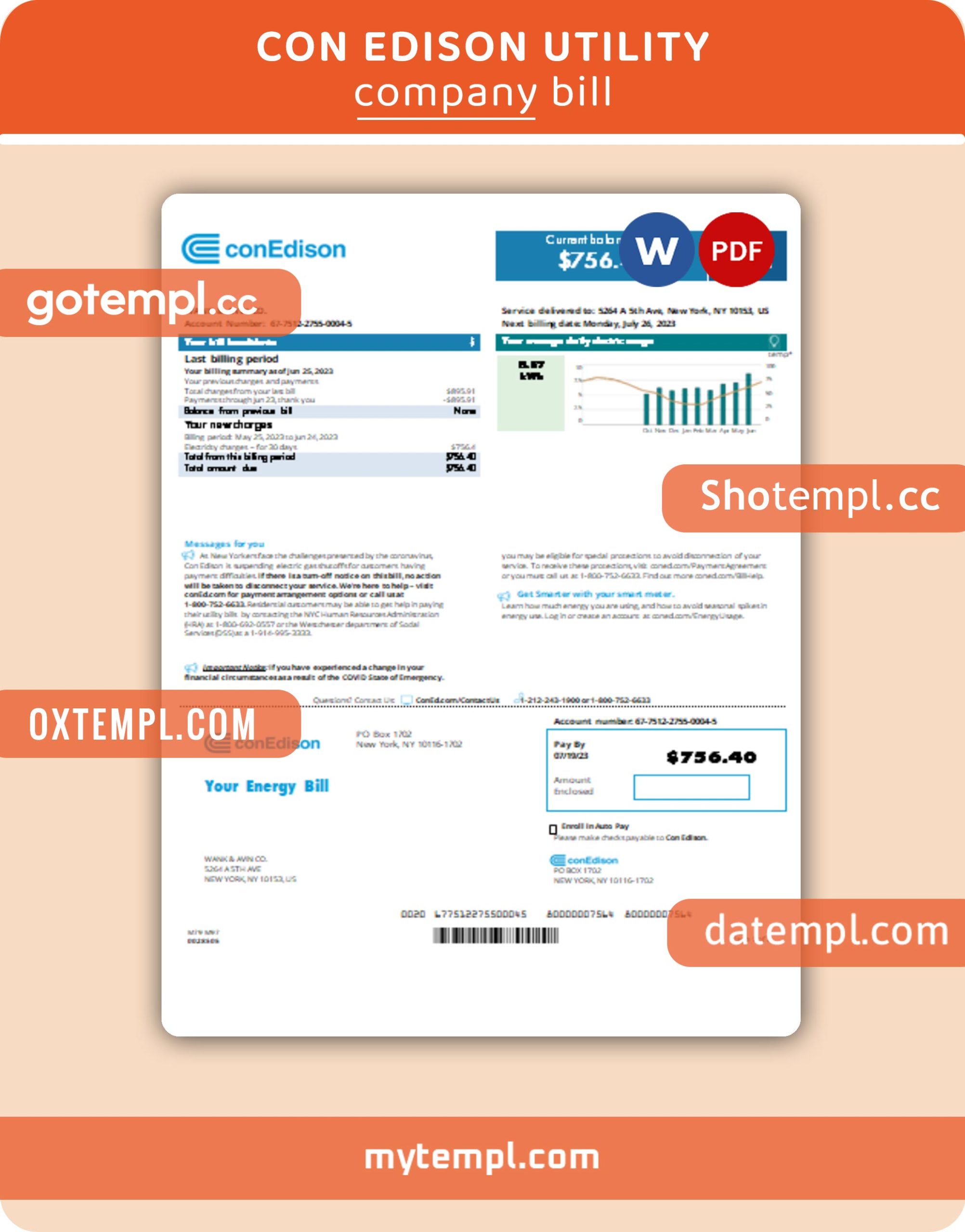 Con Edison business utility bill, Word and PDF template, 4 pages, version 3