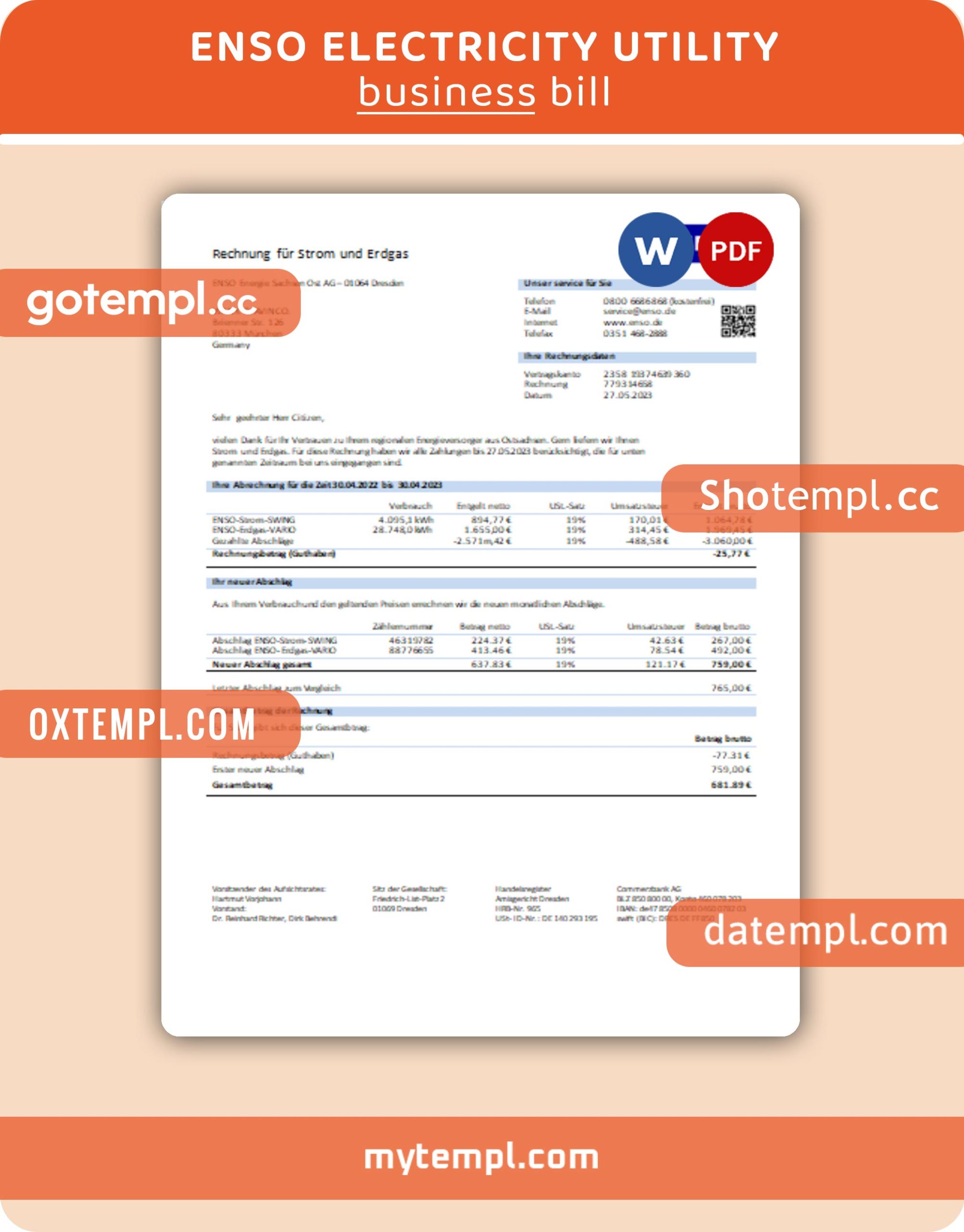 Ovo Energy business utility bill, Word and PDF template