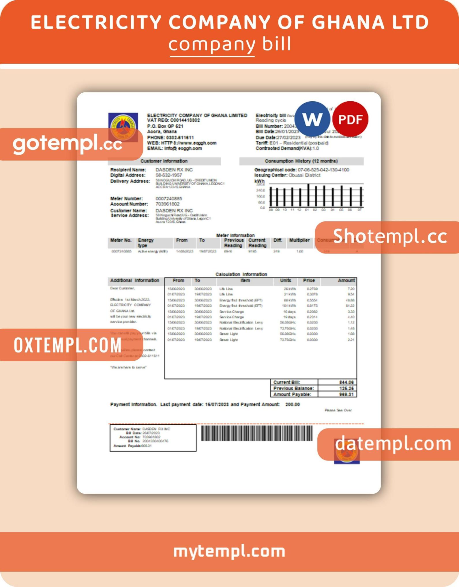 Electricity Company of Ghana Ltd business utility bill, Word and PDF template