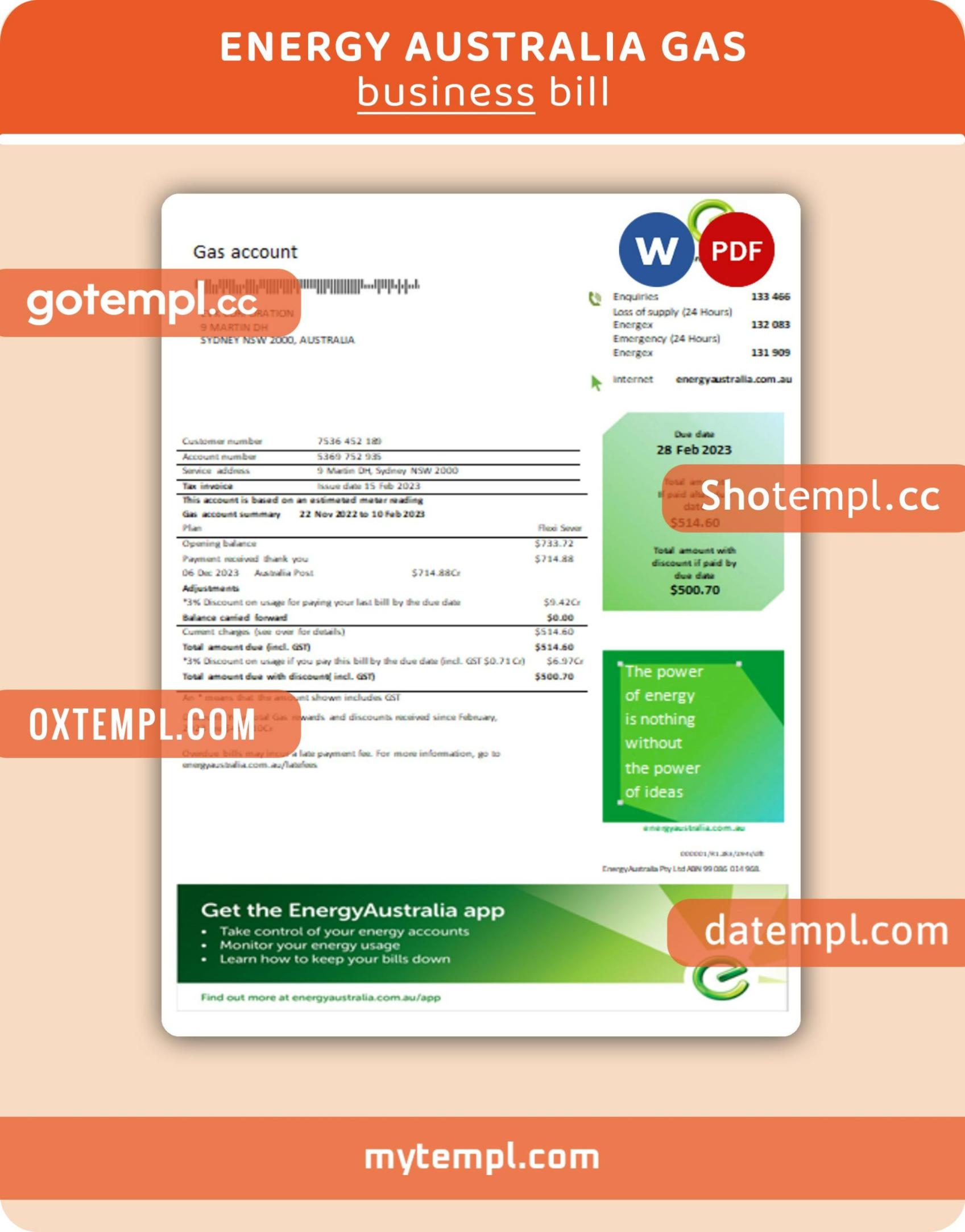 Energy Australia gas business utility bill, Word and PDF template