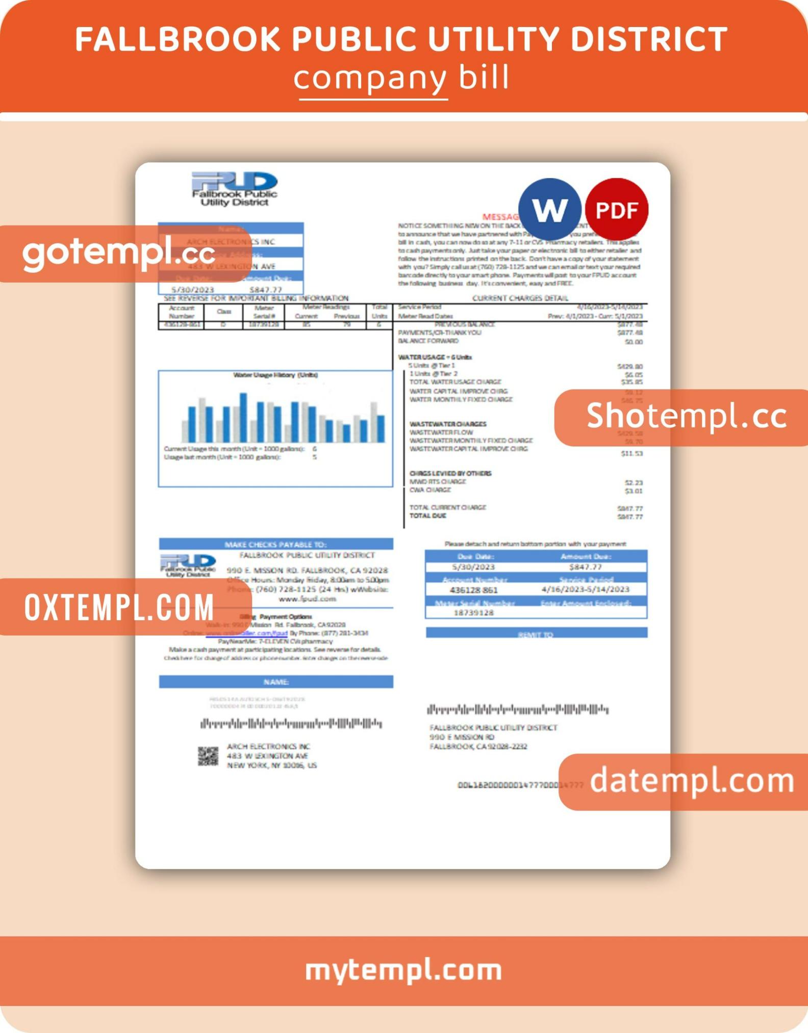 Fallbrook Public Utility District business utility bill, Word and PDF template, 2 pages Fallbrook Public Utility District business utility bill, Word and PDF template, 2 pages