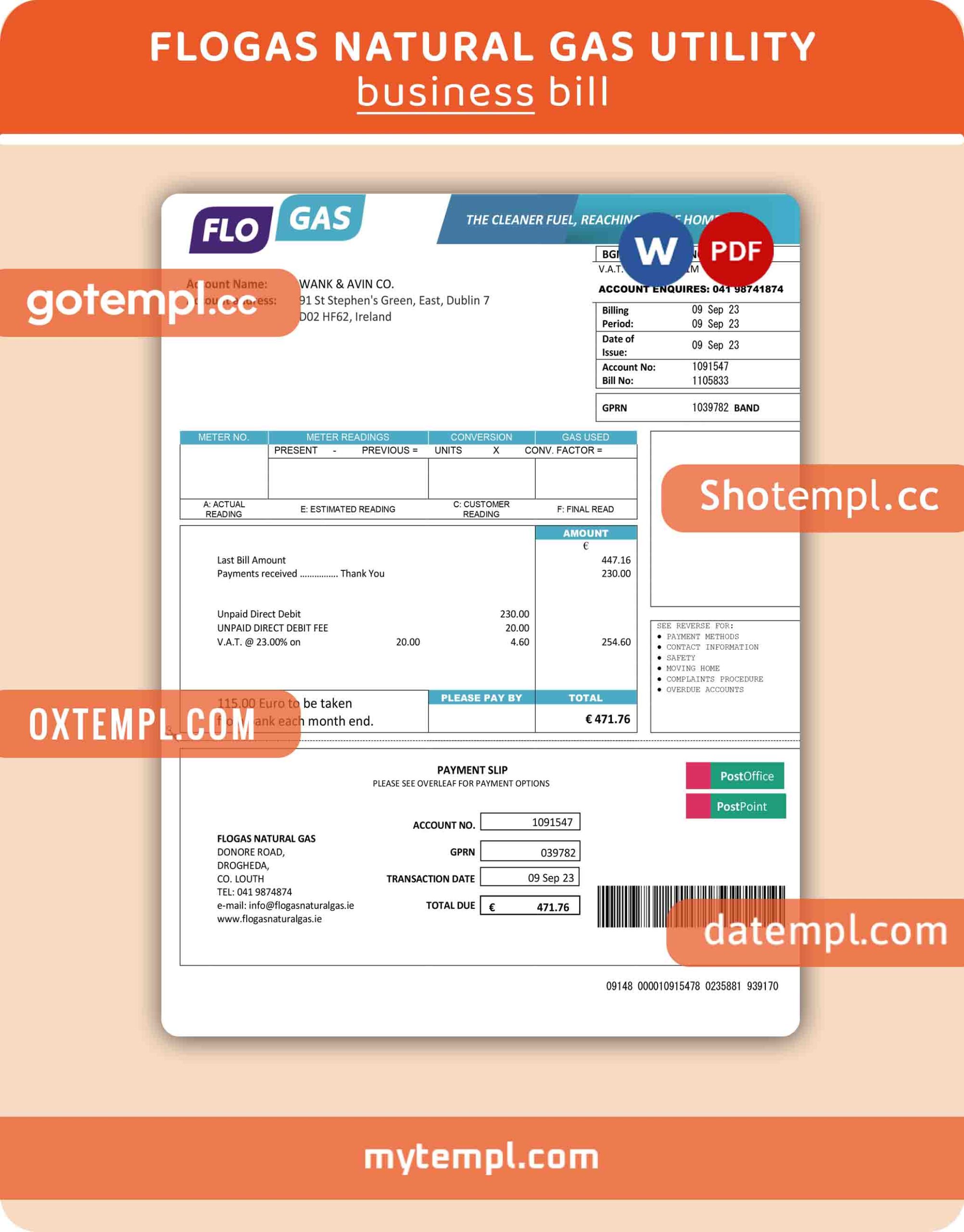 Flogas Natural Gas business utility bill, PDF and WORD template