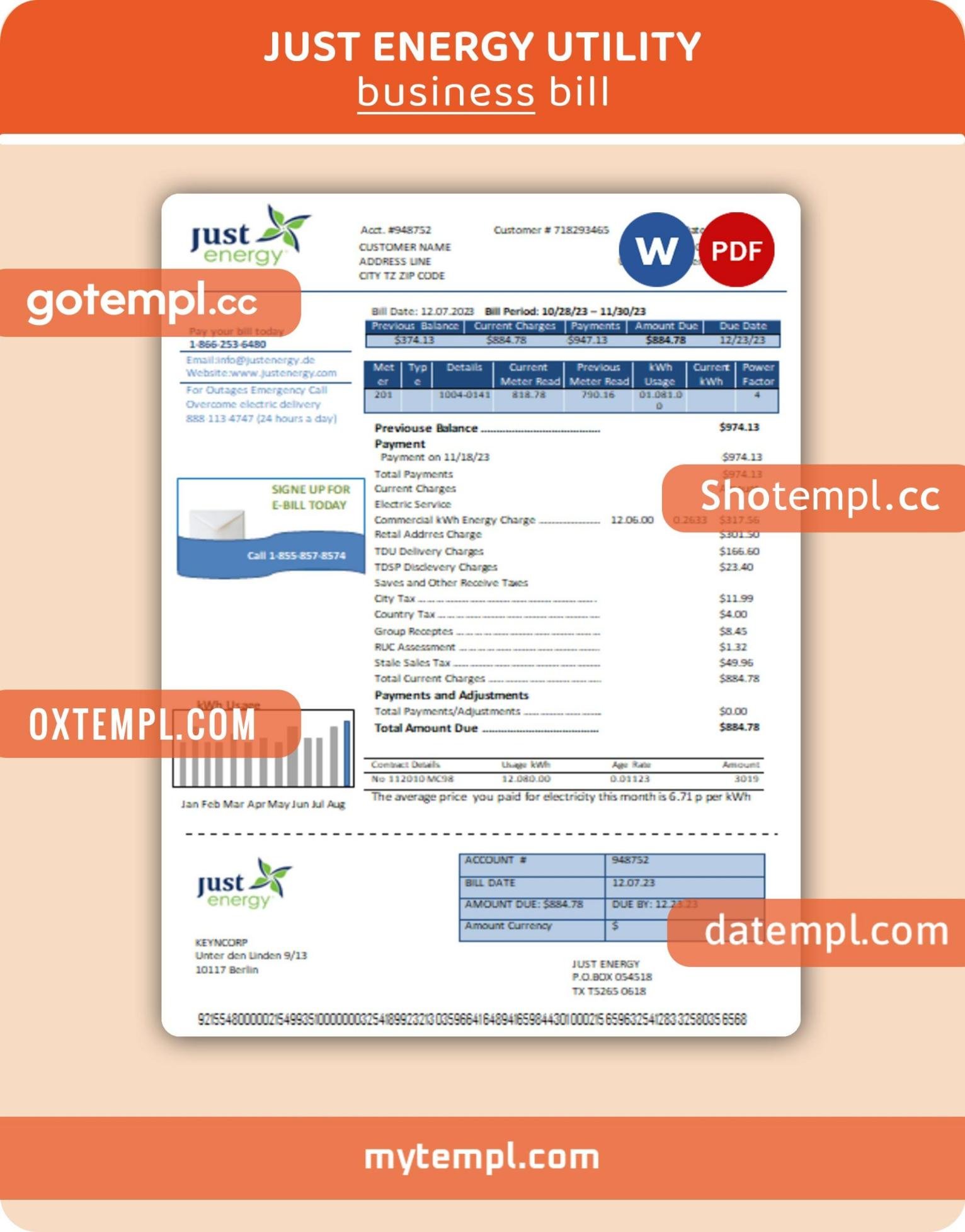 Just Energy business utility bill, Word and PDF template Just Energy business utility bill, Word and PDF template