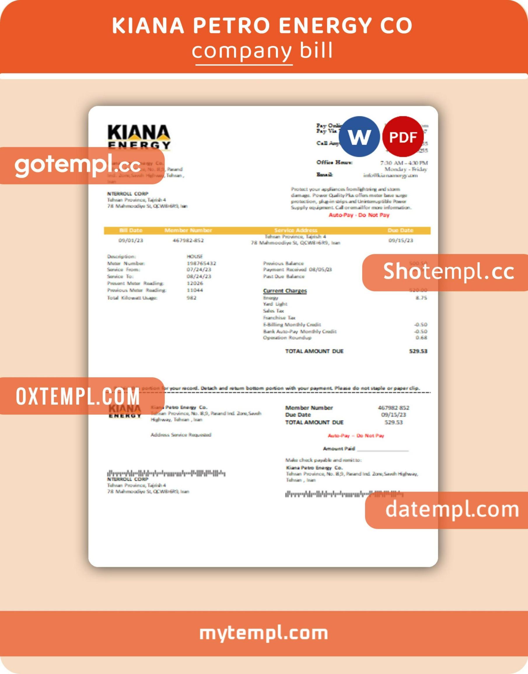 Kiana Petro Energy Co business utility bill, Word and PDF template, 2 pages Kiana Petro Energy Co business utility bill, Word and PDF template, 2 pages