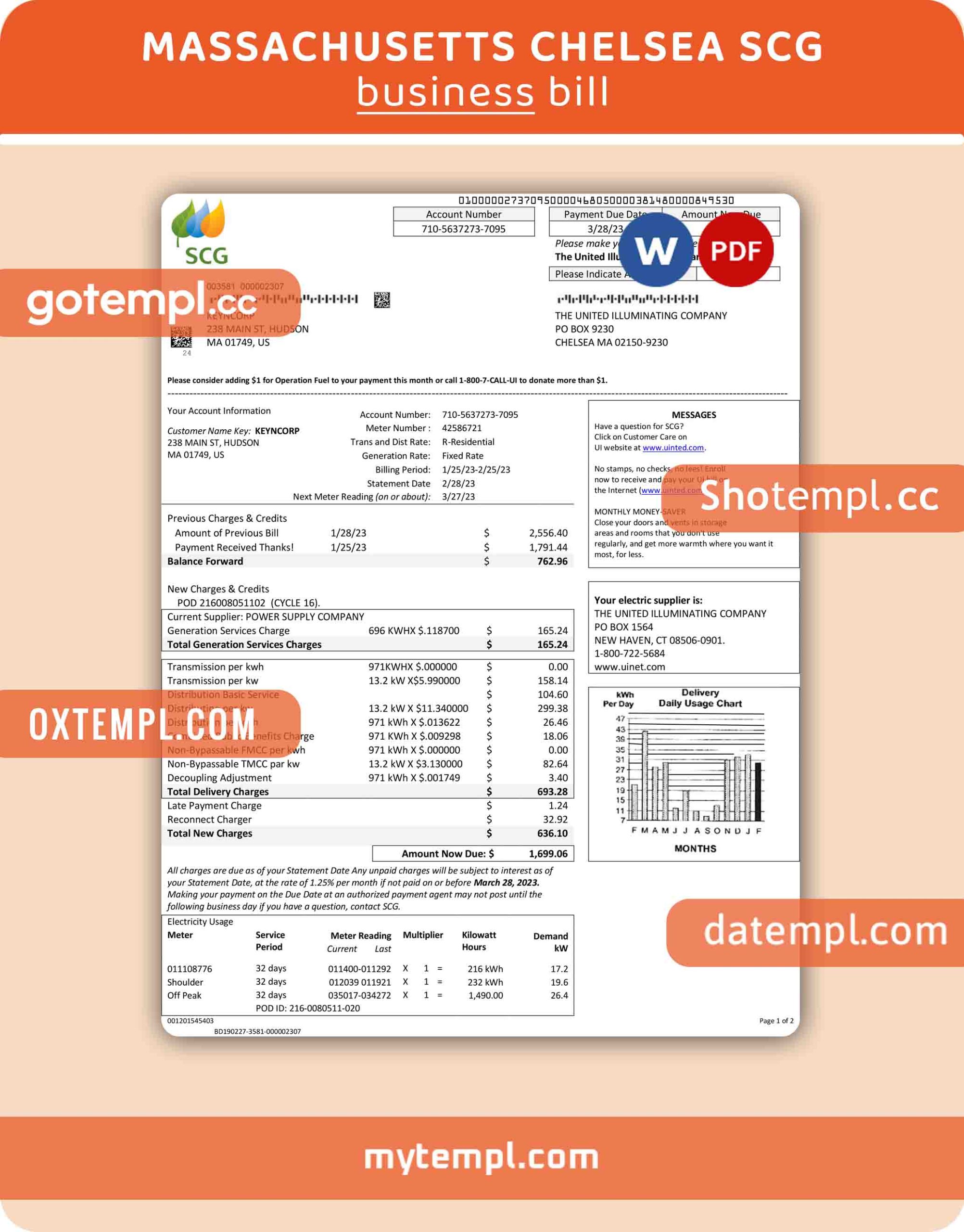 Oregon PGE electricity business utility bill, Word and PDF template