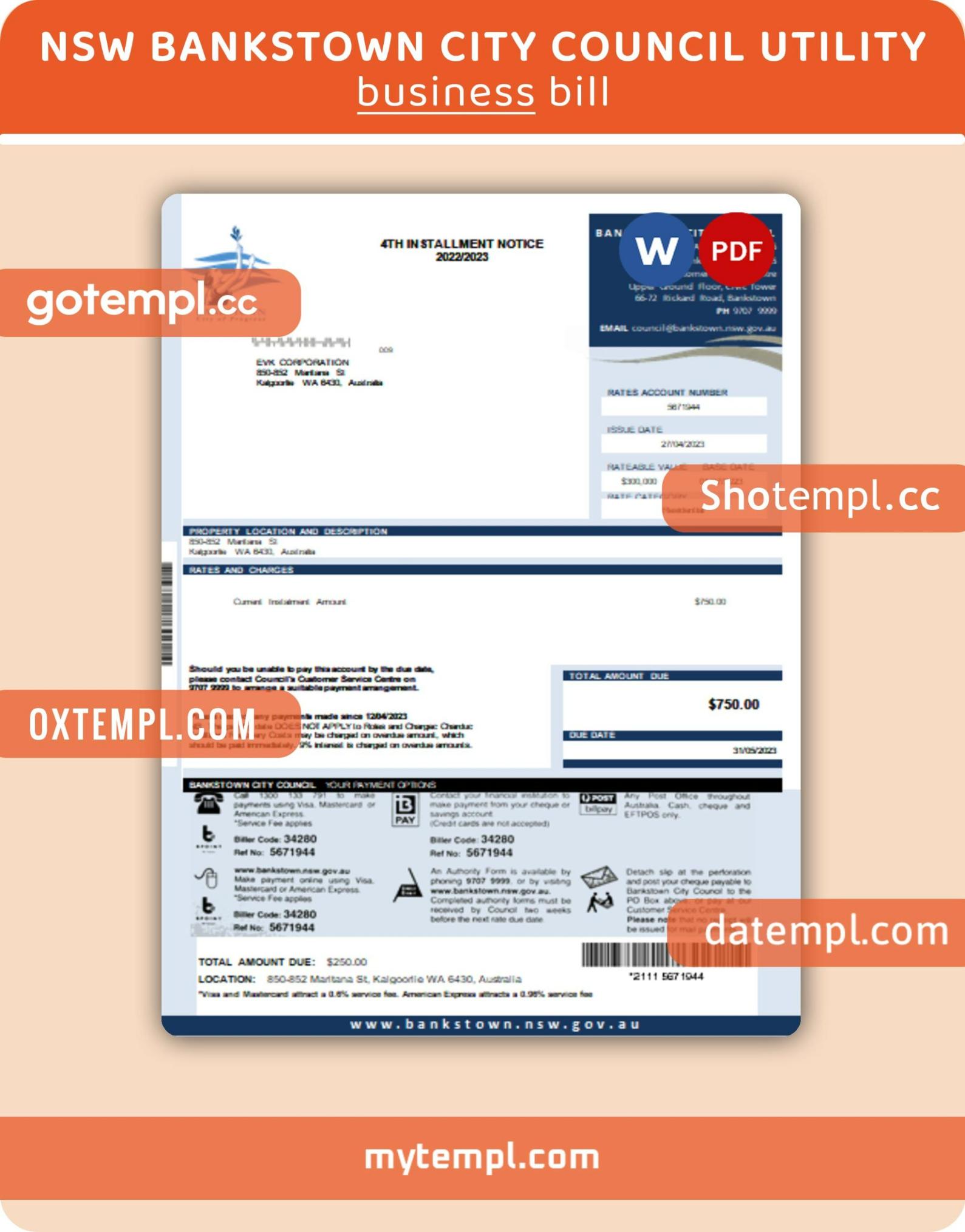 NSW Bankstown City Council business utility bill, Word and PDF template