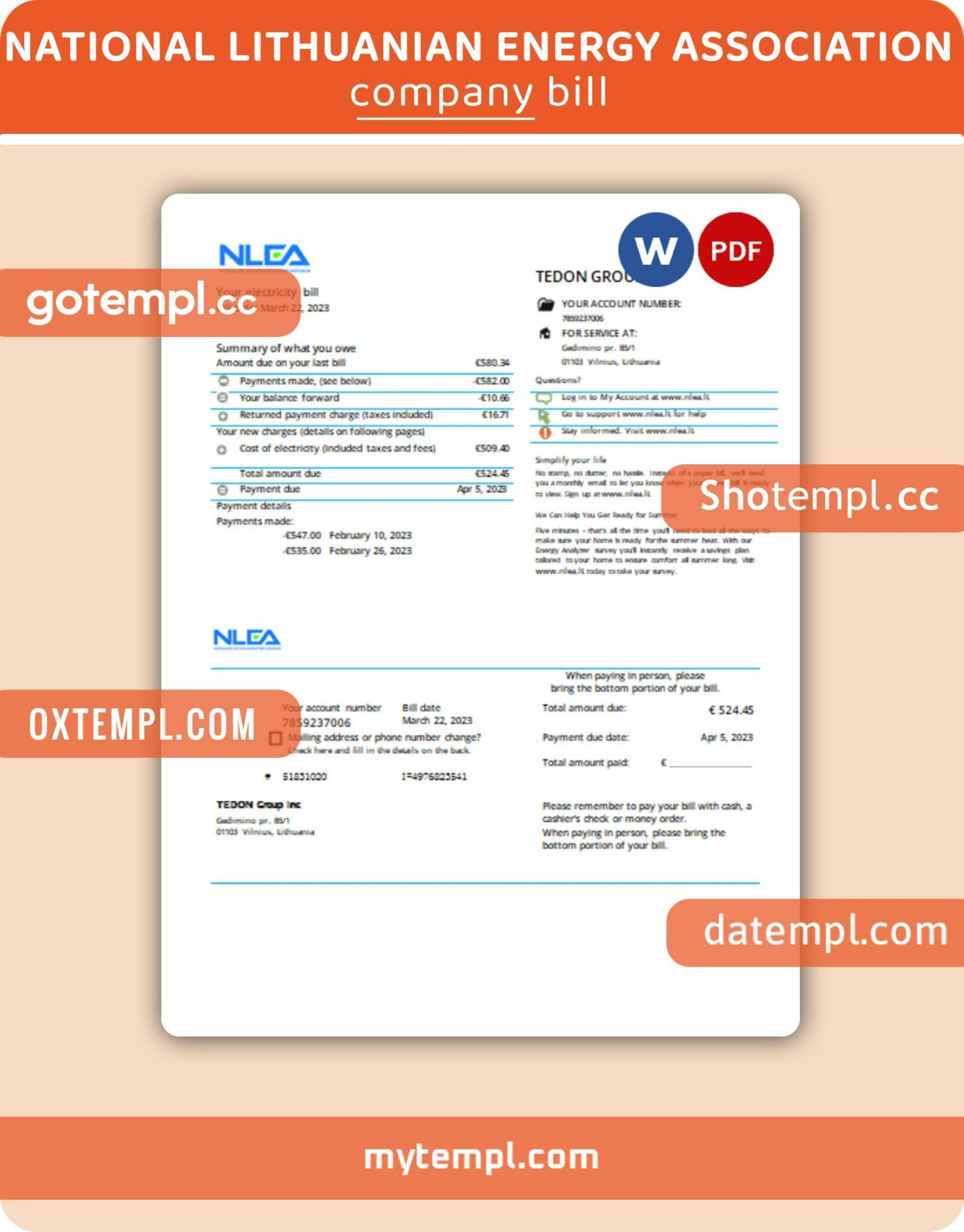 National Lithuanian Energy Association business utility bill, Word and PDF template National Lithuanian Energy Association business utility bill, Word and PDF template