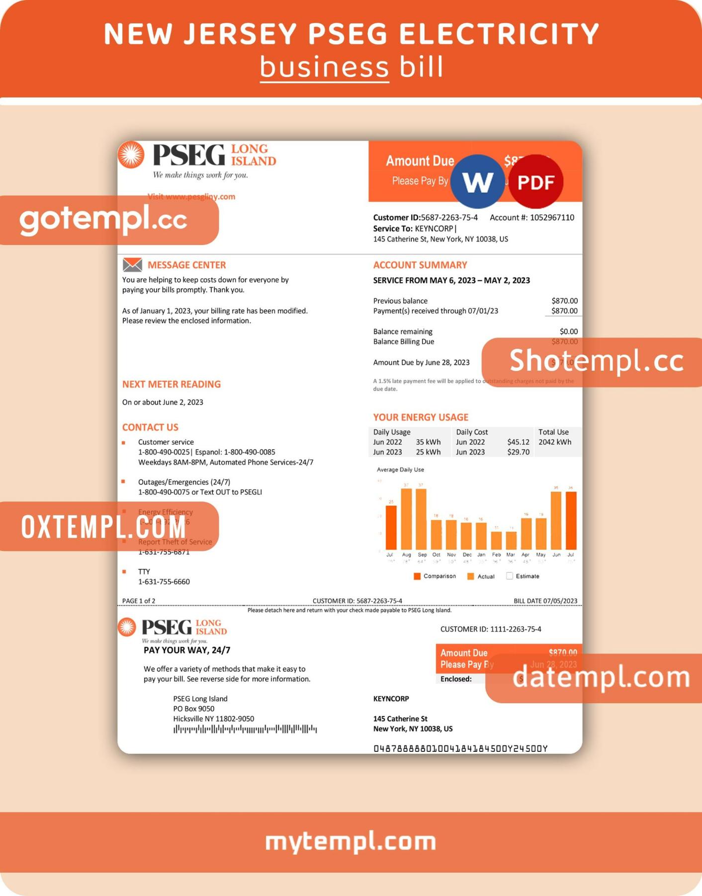 New Jersey PSEG electricity business utility bill, Word and PDF template, 2 pages