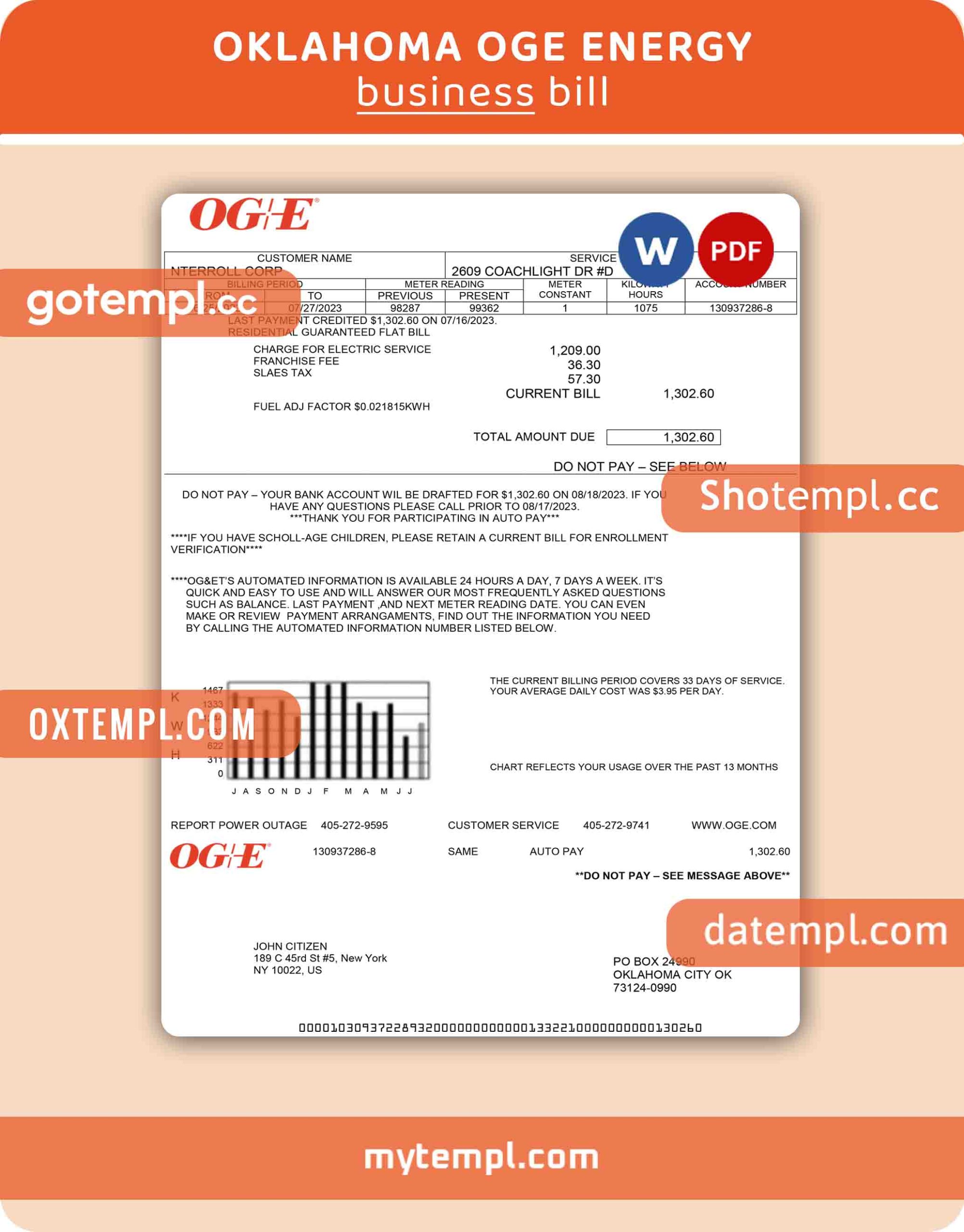 Oklahoma OGE Energy business utility bill, Word and PDF template