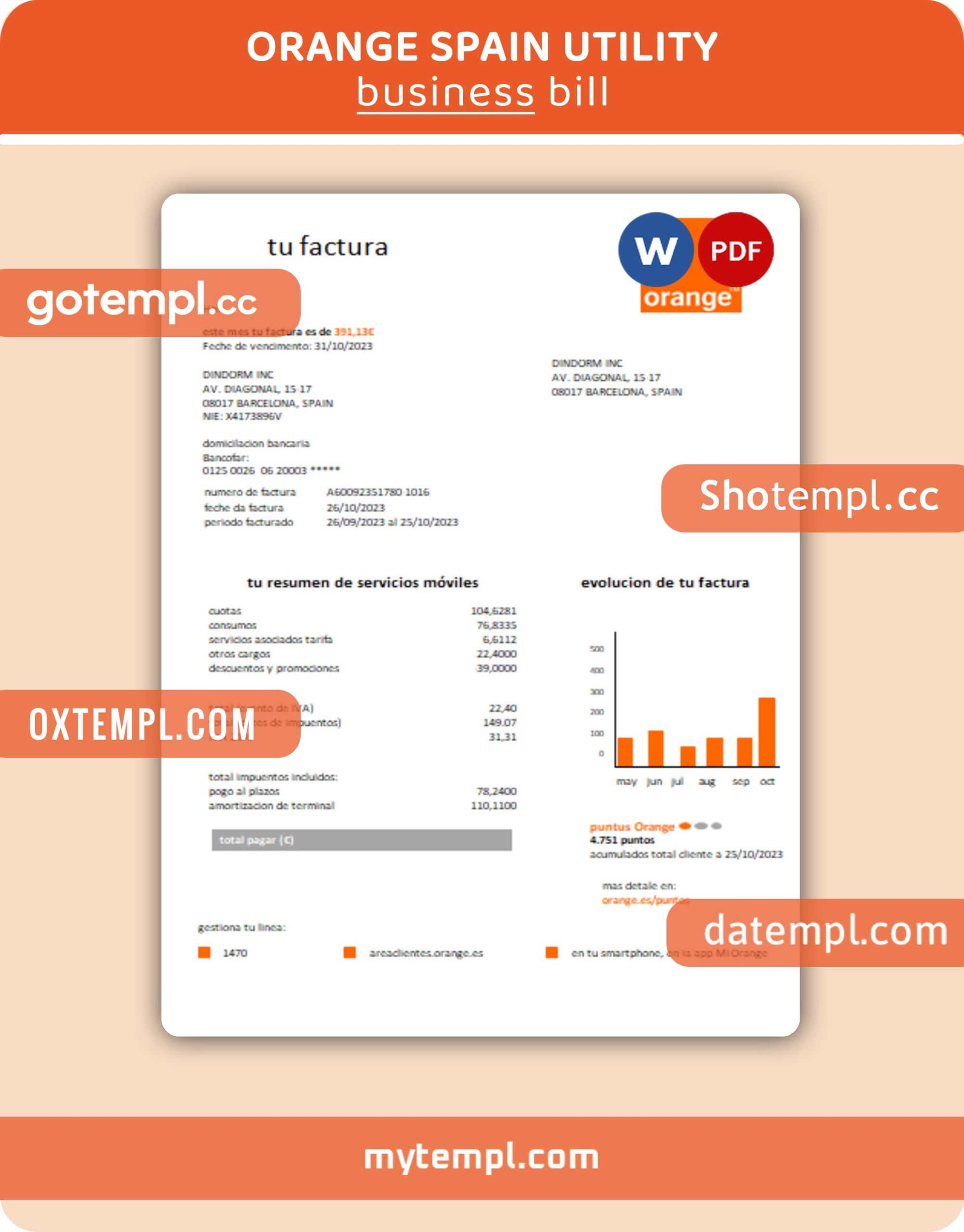 Orange Spain business utility bill, Word and PDF template, 2 pages