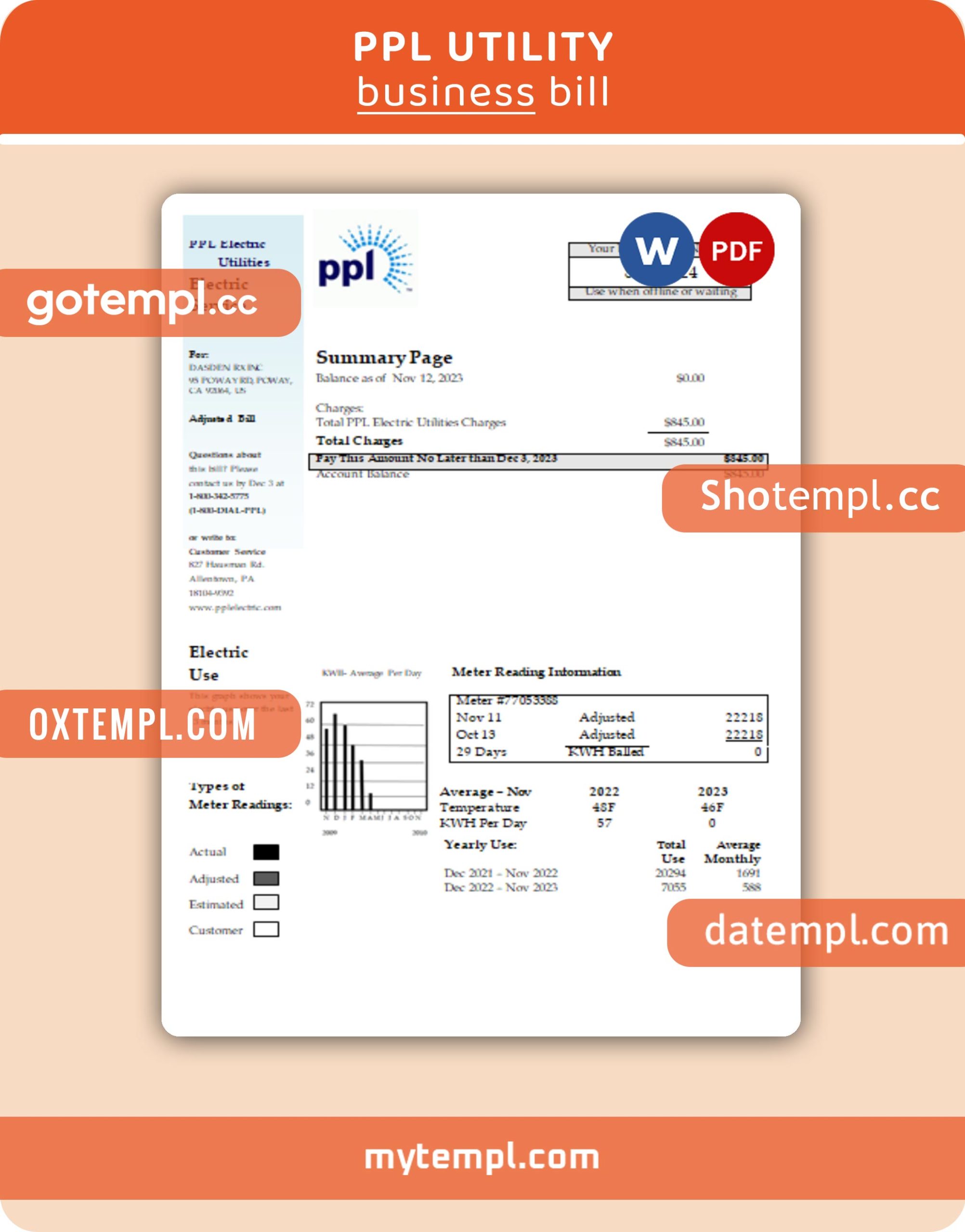 PPL business utility bill, Word and PDF template