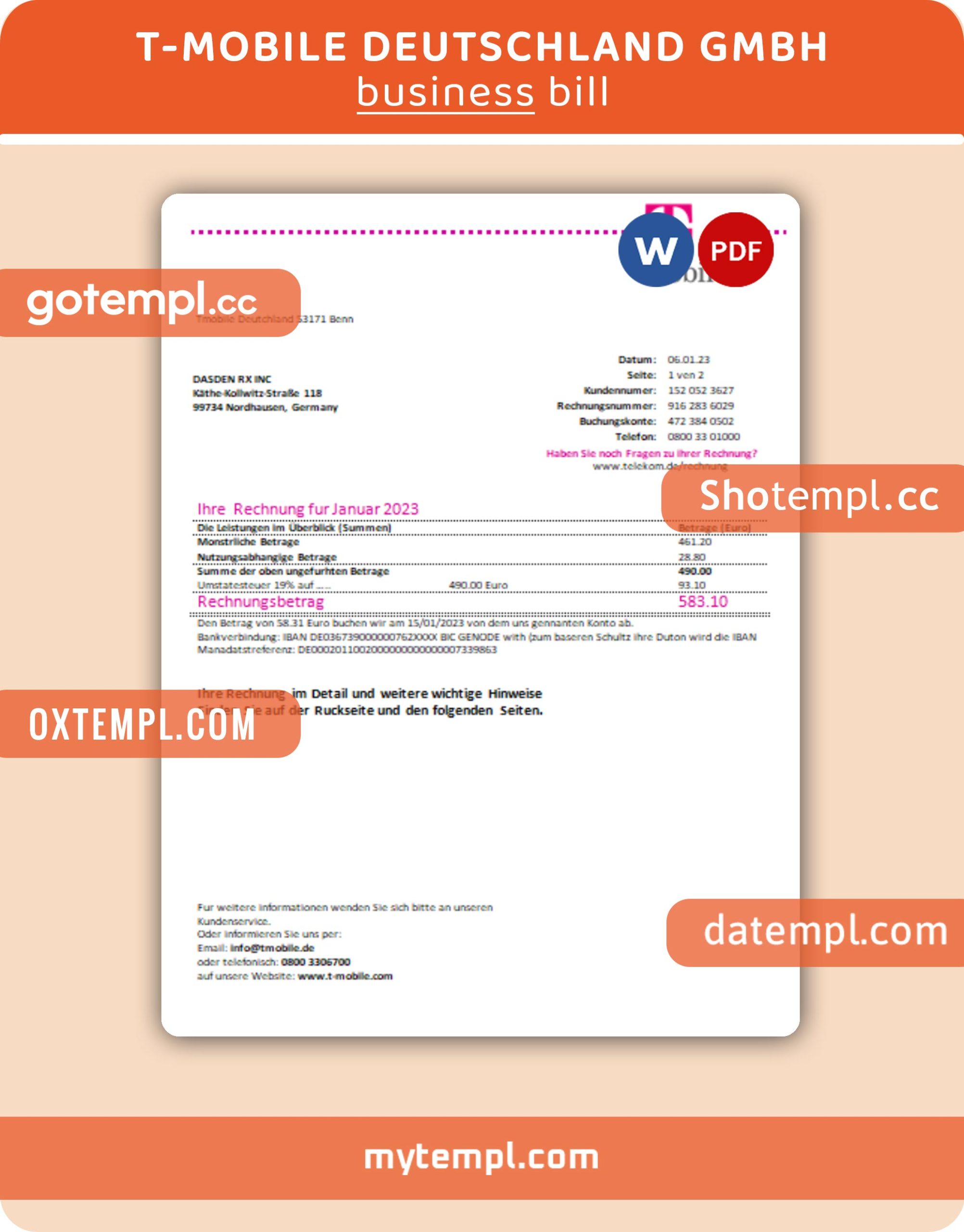 T-Mobile Deutschland Gmbh business utility bill, Word and PDF template, 2 pages