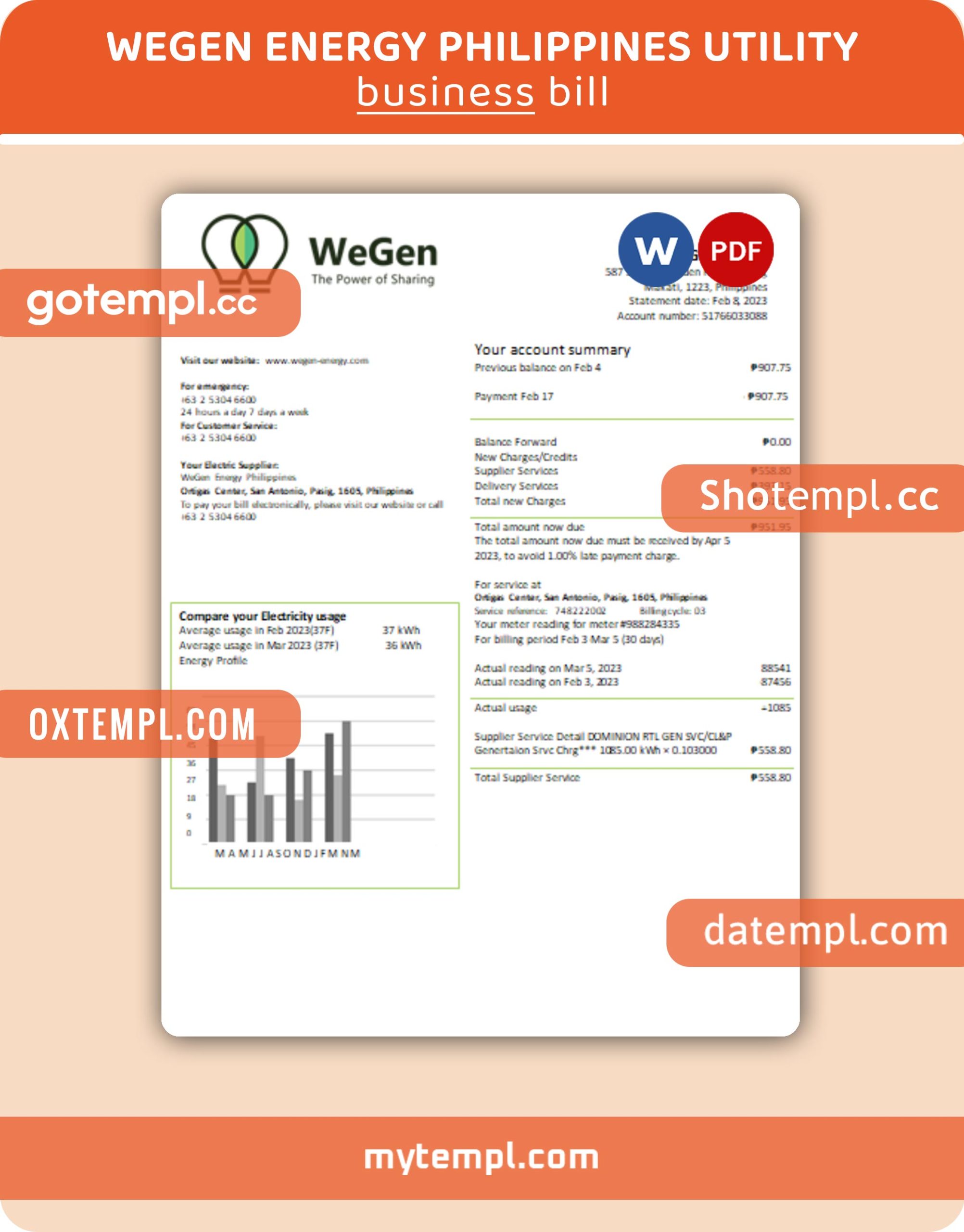 WeGen Energy Philippines business utility bill, Word and PDF template