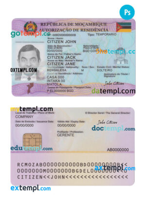 Mozambique permanent residence permit card PSD template