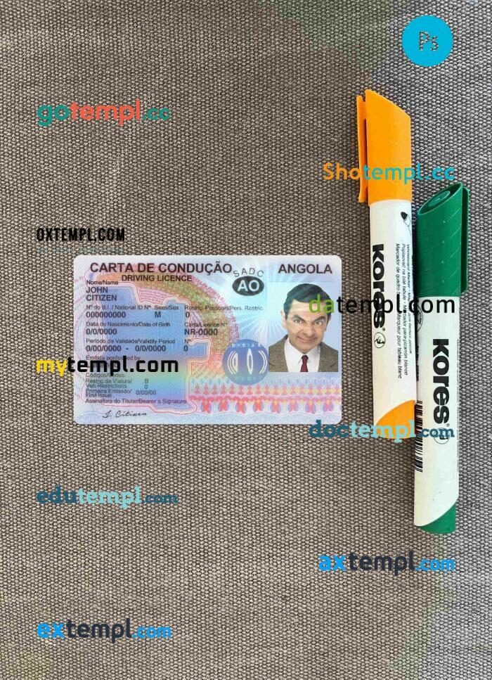 Angola driving license PSD files, scan look and photographed image, 2 in 1