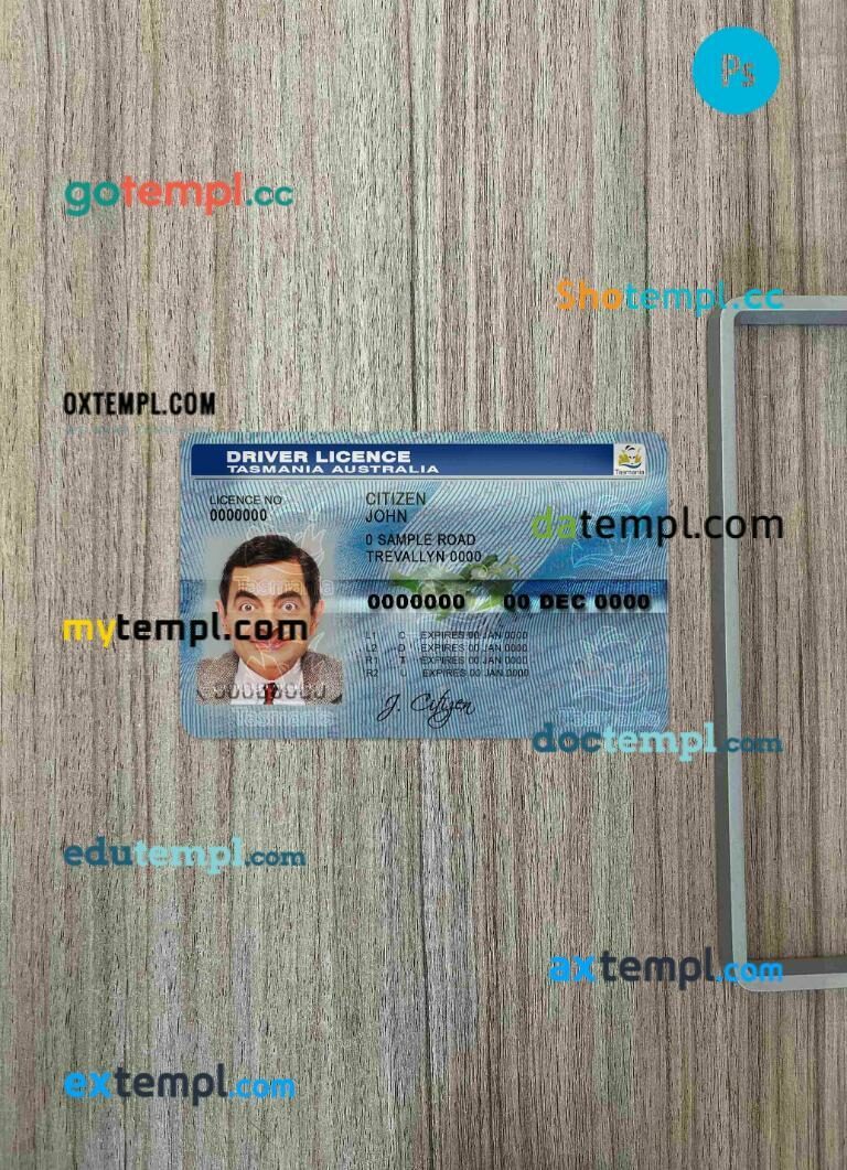 Australia Tasmania driving license editable PSD files, scan look and photo-realistic look, 2 in 1