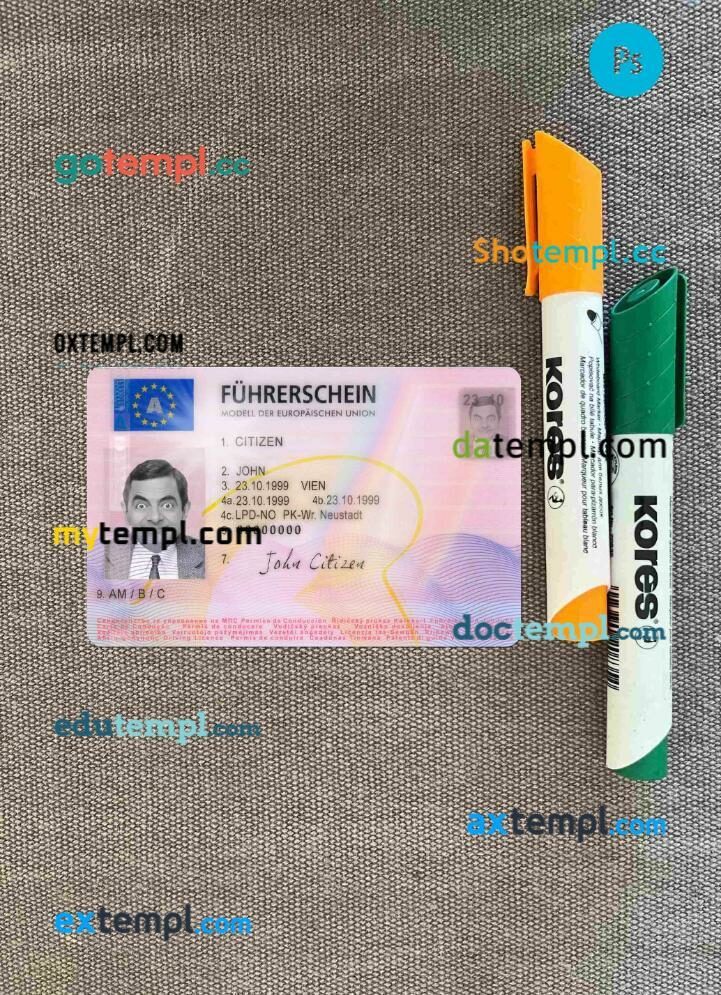 Austria driving license editable PSD files, scan look and photo-realistic look, 2 in 1 (2013 – present)