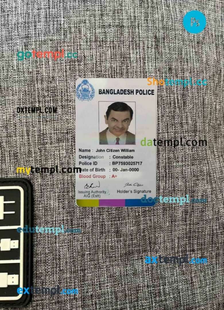 Bangladesh police ID card editable PSD files, scan look and photo-realistic look, 2 in 1