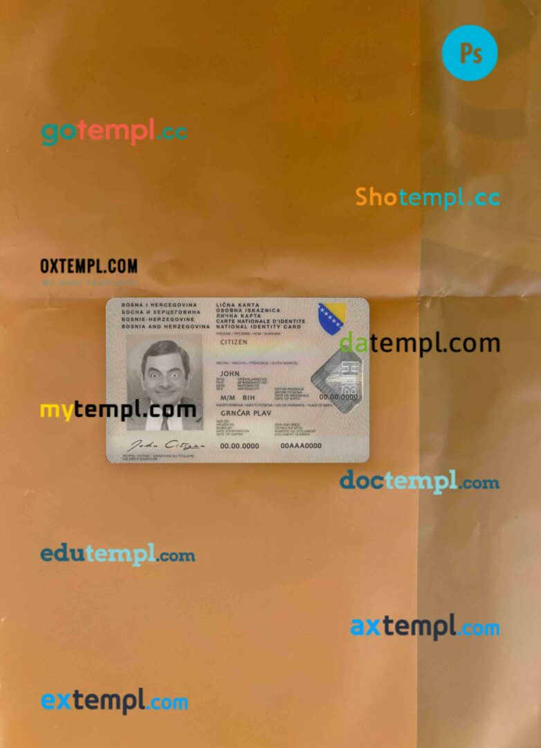 Bosnia and Herzegovina ID card PSD files, scan look and photographed image, 2 in 1