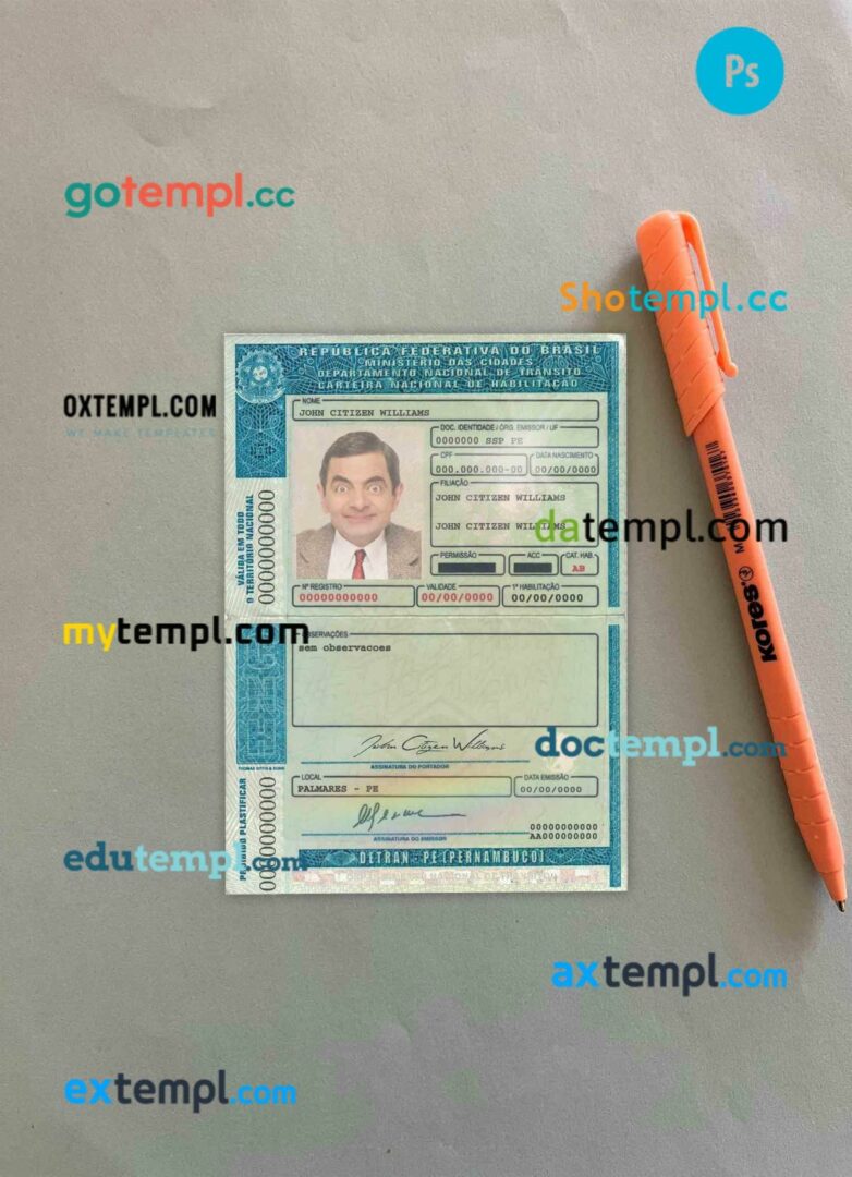 Brazil (Detran-Pe[Pernambuco]) driving license PSD files, scan look and photographed image, 2 in 1