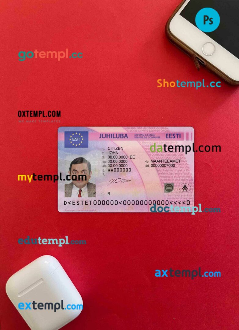 Estonia driving license PSD files, scan look and photographed image, 2 in 1
