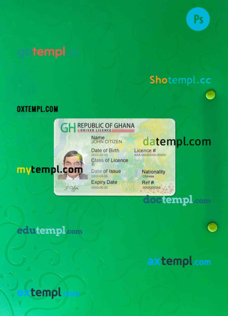Ghana driving license PSD files, scan look and photographed image, 2 in 1