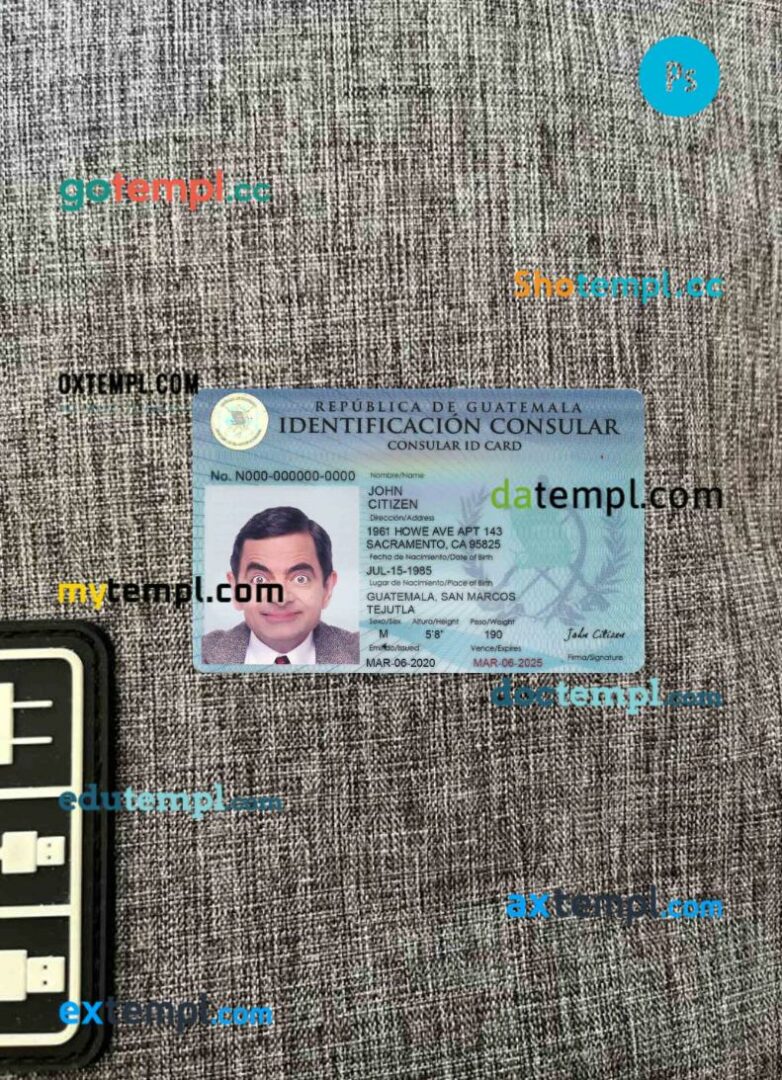Guatemala consular ID card editable PSDs, scan and photo-realistic snapshot, 2 in 1
