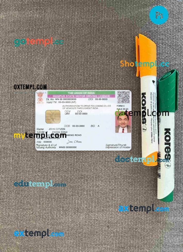 India Manipur state driving license PSD files, scan look and photographed image, 2 in 1