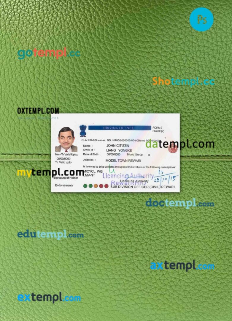 India driving license editable PSD files, scan look and photo-realistic look, 2 in 1 (version 5)