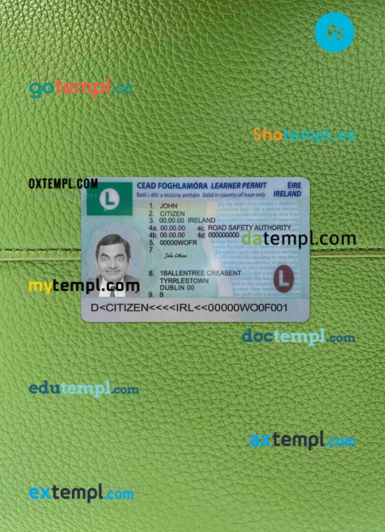 Ireland driving license PSD files, scan look and photographed image, 2 in 1 (learner permit) (2022- present)