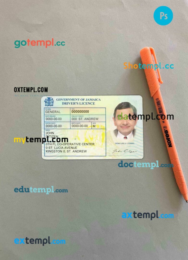 Jamaica driving license editable PSD files, scan look and photo-realistic look, 2 in 1