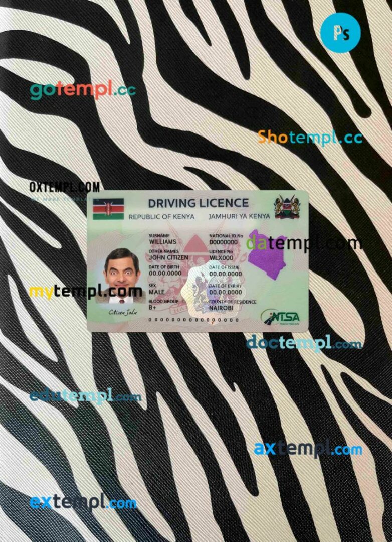 Kenya driving license editable PSD files, scan look and photo-realistic look, 2 in 1