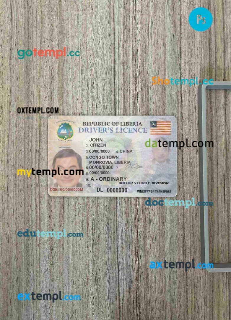 Liberia driving license editable PSD files, scan look and photo-realistic look, 2 in 1