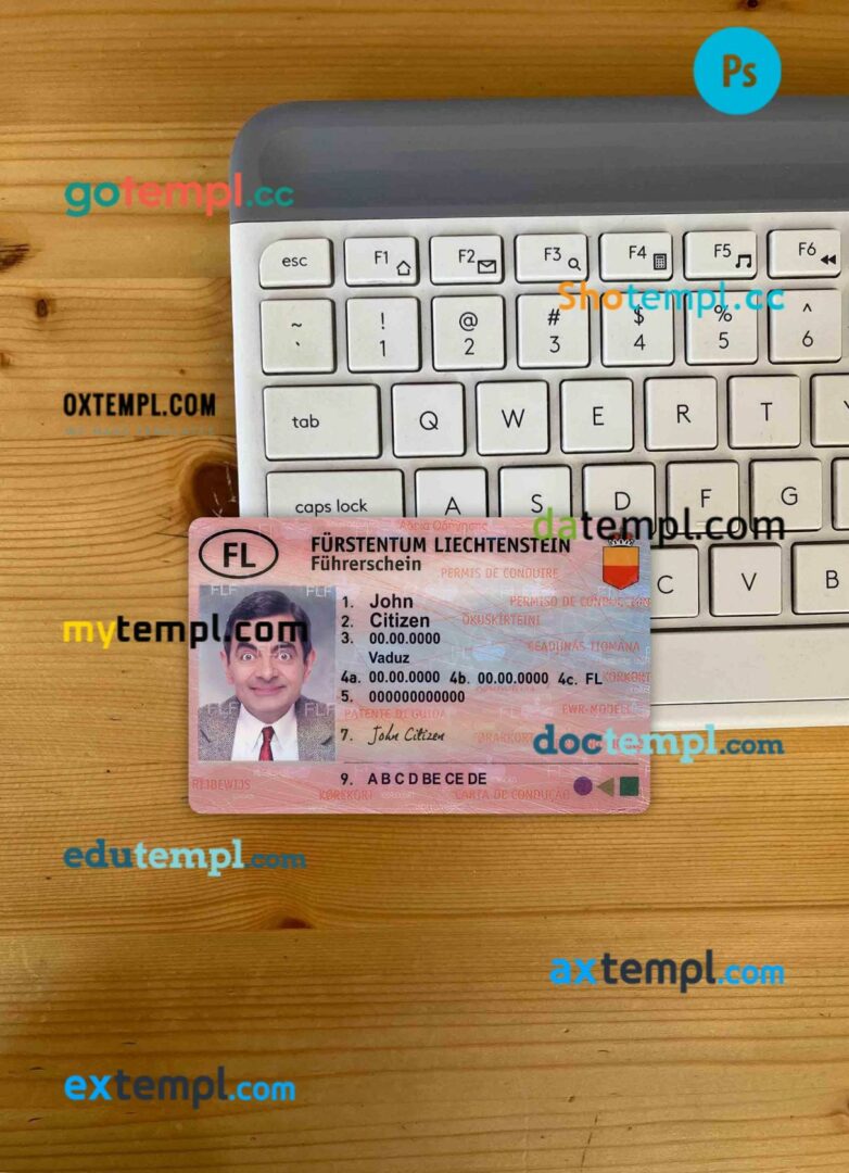 Liechtenstein driving license editable PSD files, scan look and photo-realistic look, 2 in 1