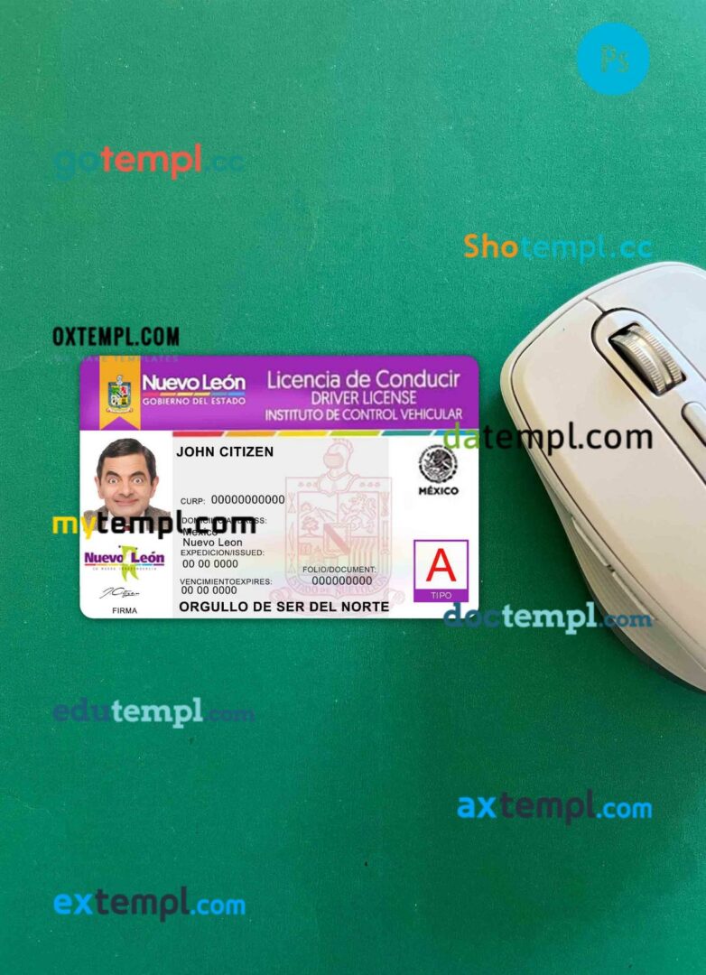 Mexico Nuevo Leon driving license PSD files, scan look and photographed image, 2 in 1