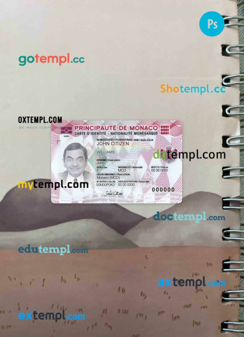 Monaco digital ID card PSD files, scan look and photographed image, 2 in 1