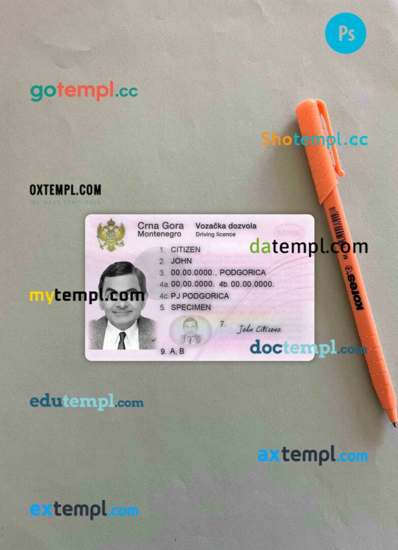 Montenegro driving license editable PSD files, scan look and photo-realistic look, 2 in 1
