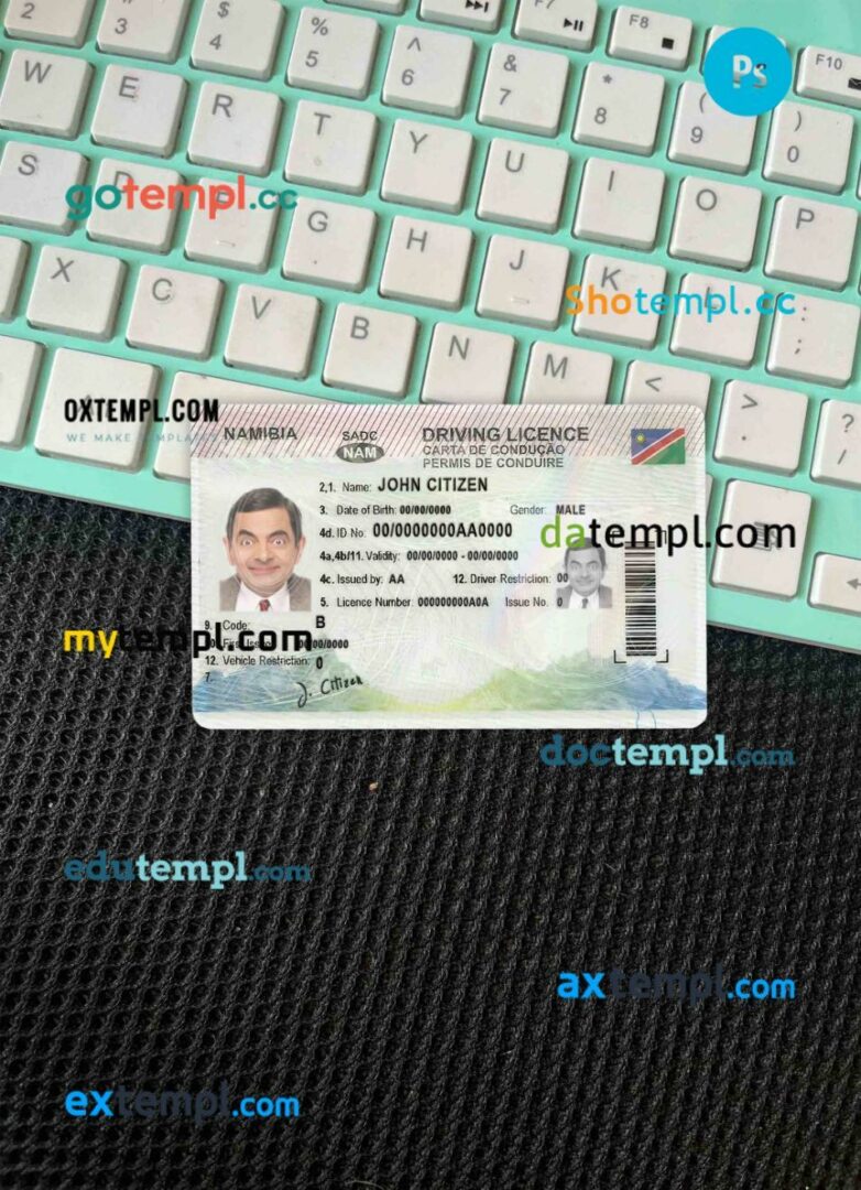 Nambia driving license editable PSD files, scan look and photo-realistic look, 2 in 1