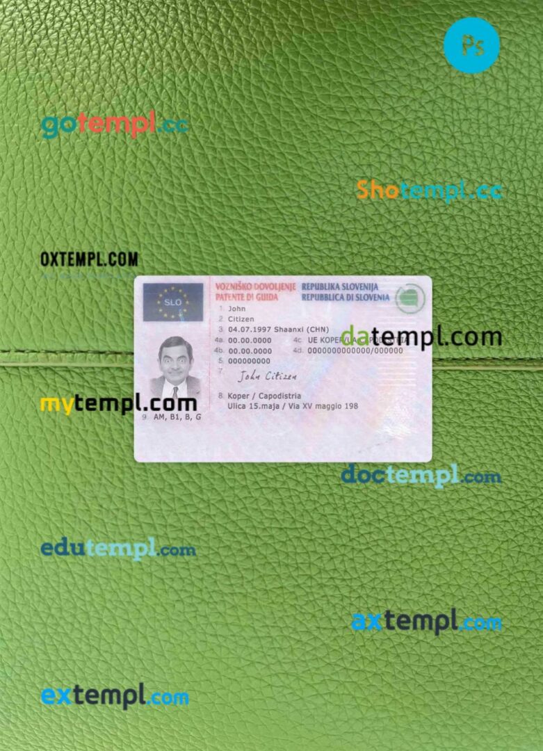 Slovenia driving license editable PSD files, scan look and photo-realistic look, 2 in 1