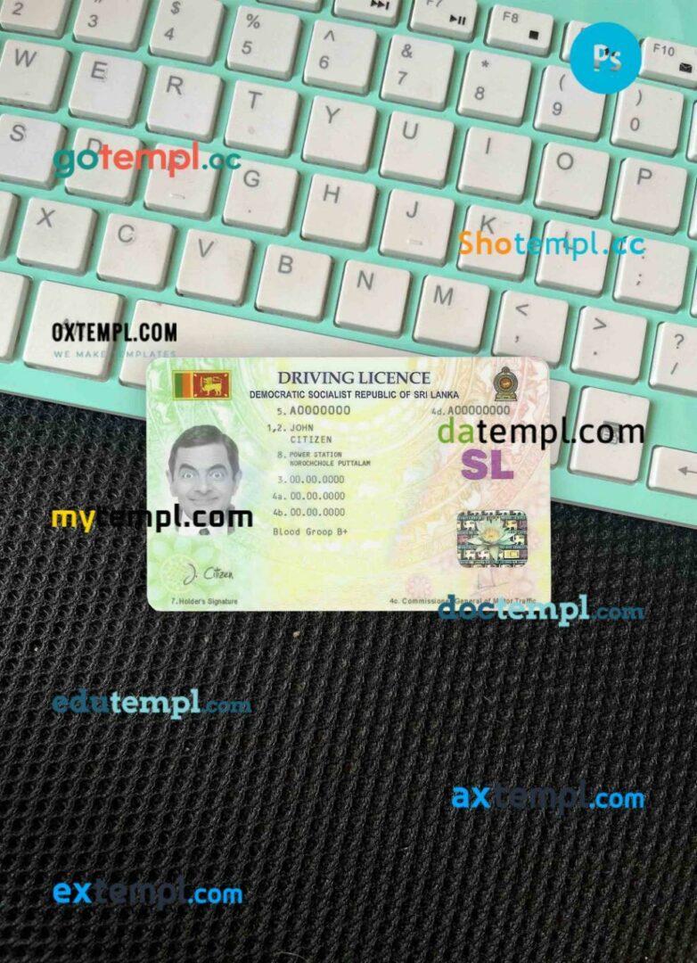 Sri Lanka driving license PSD files, scan look and photographed image, 2 in 1