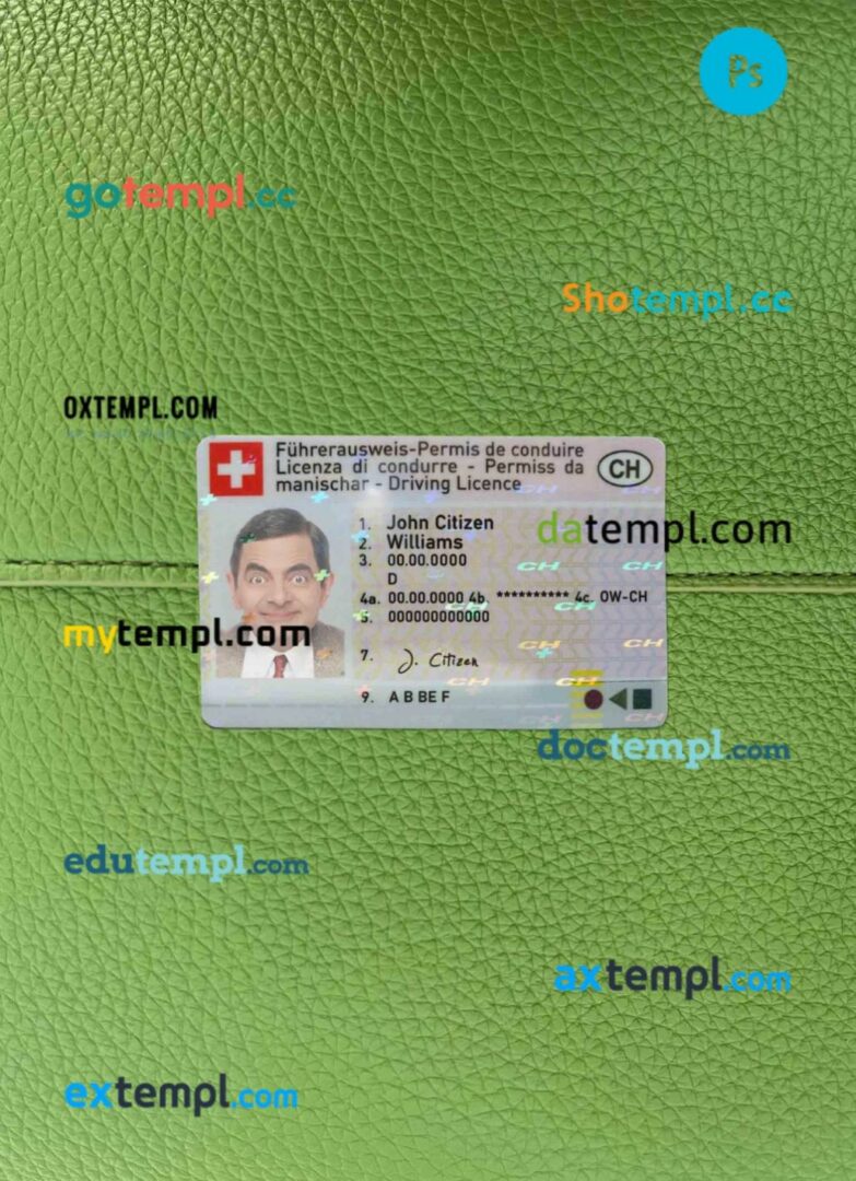 Switzerland driving license PSD files, scan look and photographed image, 2 in 1