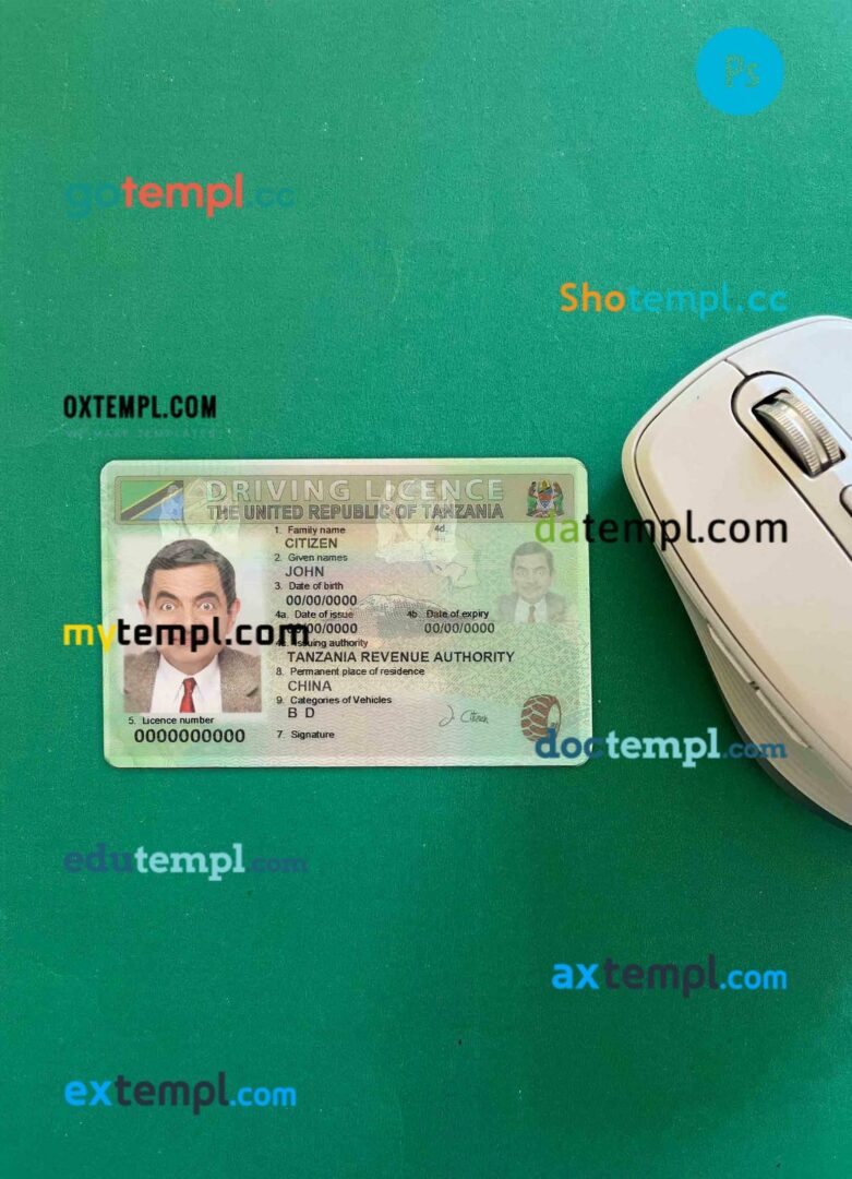 Tanzania driving license PSD files, scan look and photographed image, 2 in 1