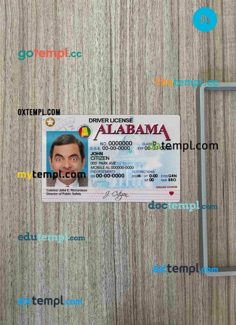 USA Alabama driving license editable PSD files, scan look and photo-realistic look, 2 in 1