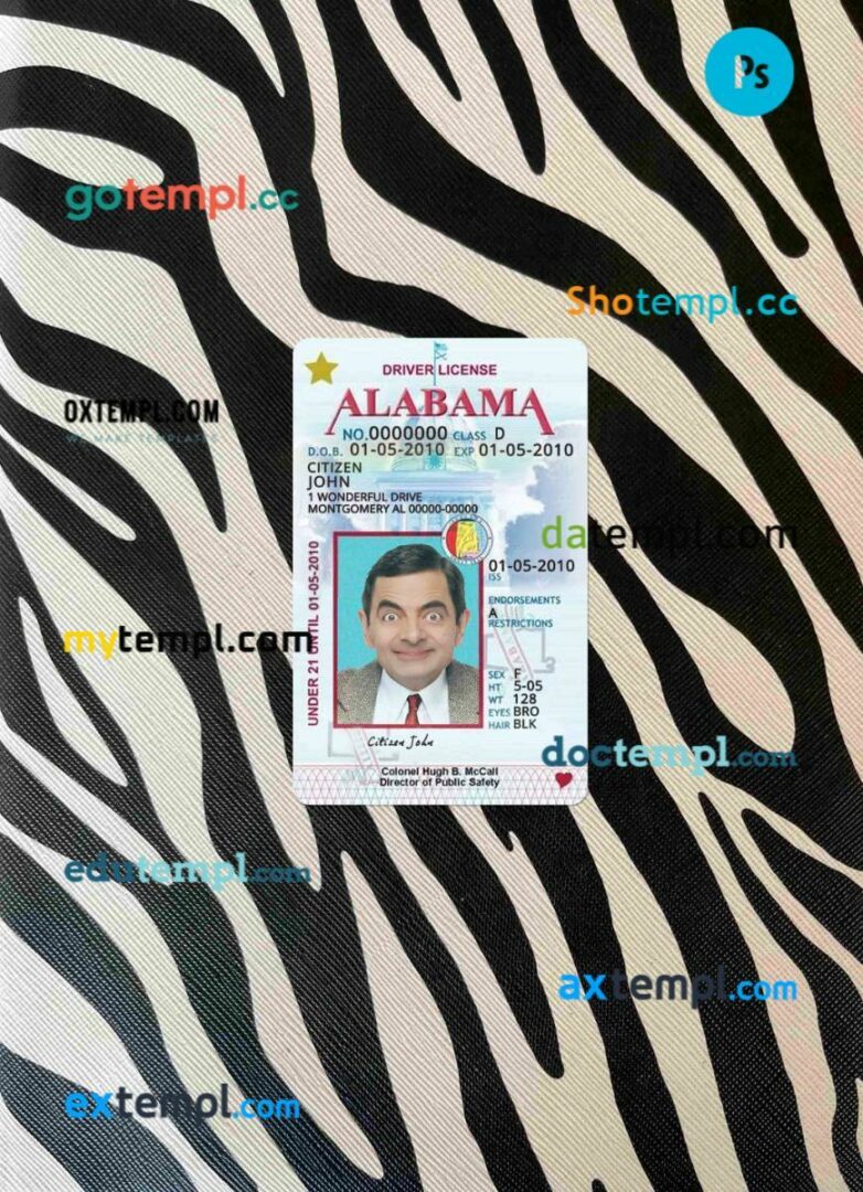 USA Alabama driving license editable PSD files, scan look and photo-realistic look, 2 in 1, under 21